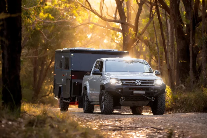 blue tongue camper xc16 hybrid caravan in tow