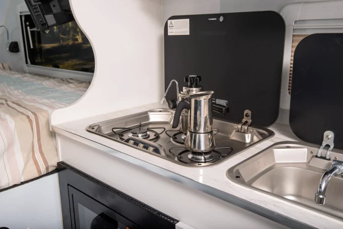 blue tongue camper xc16 hybrid caravan internal kitchen closeup view