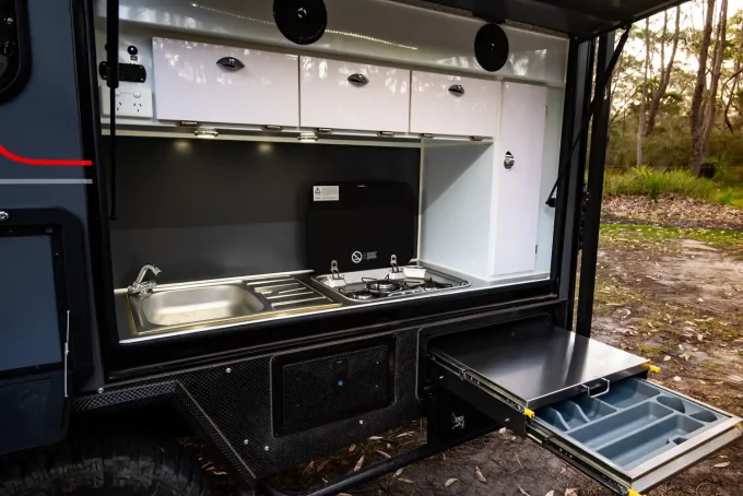 blue tongue camper xh16 hybrid caravan outdoor kitchen